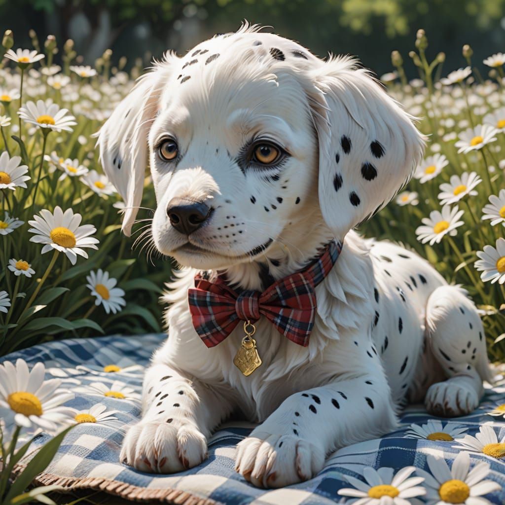 Vibrant Dalmatian Puppy in Whimsical Field of Daisies
