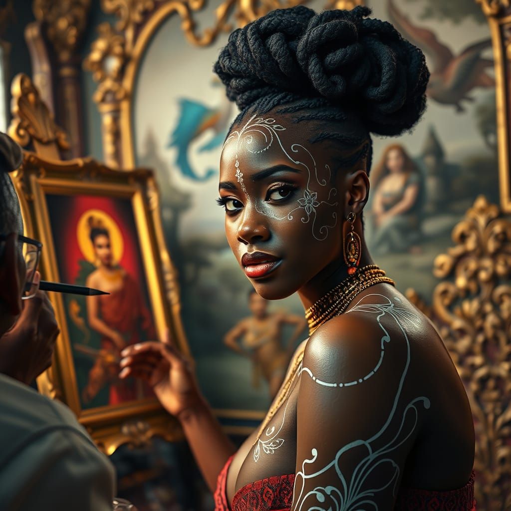 Sensual African Queen Poses for Painter in Lavish Setting