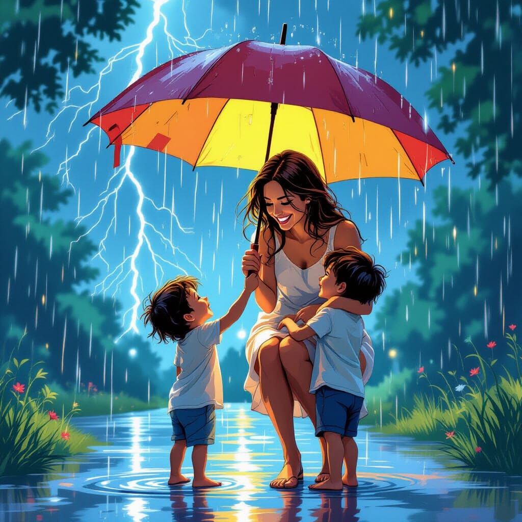 Mother Sheltering Children in Summer Rain, Comic Book Art