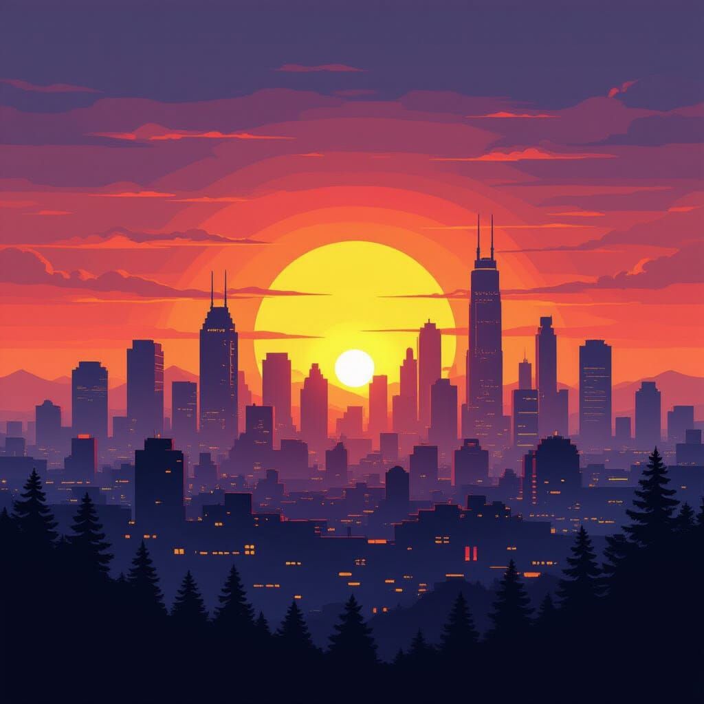 Futuristic Cityscape Silhouette with Pixel Overlay