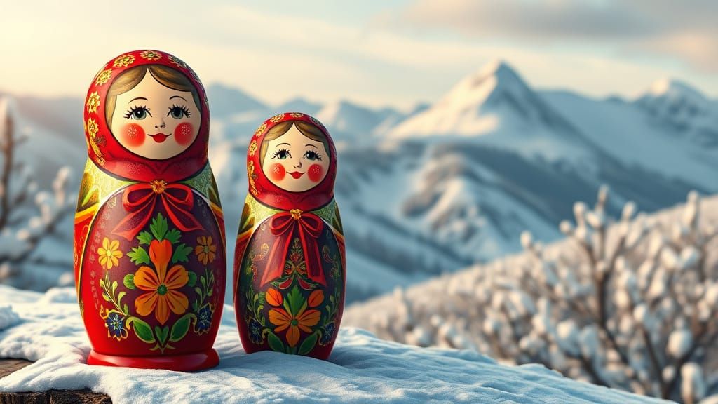 Vibrant Russian Matryoshka Doll in Winter Landscape