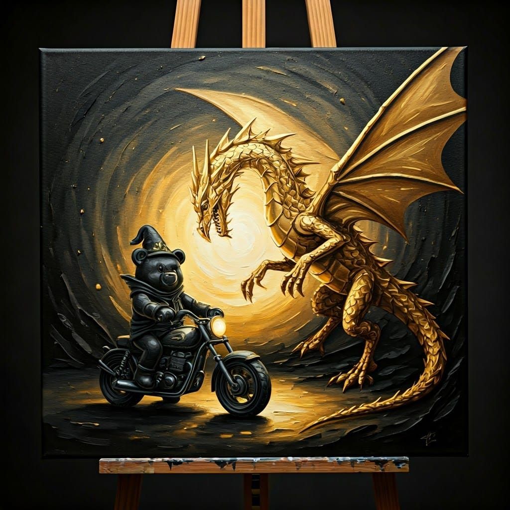 painting on an easel, a pitch black Gummy Bear Wizard on a motorcycle battles a gold 
metallic dragon whose huge  wings ...