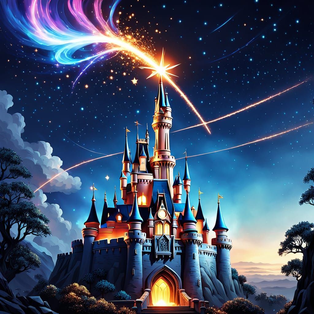 Mickey Mouse as Wizard Waving Wand in Night Sky
