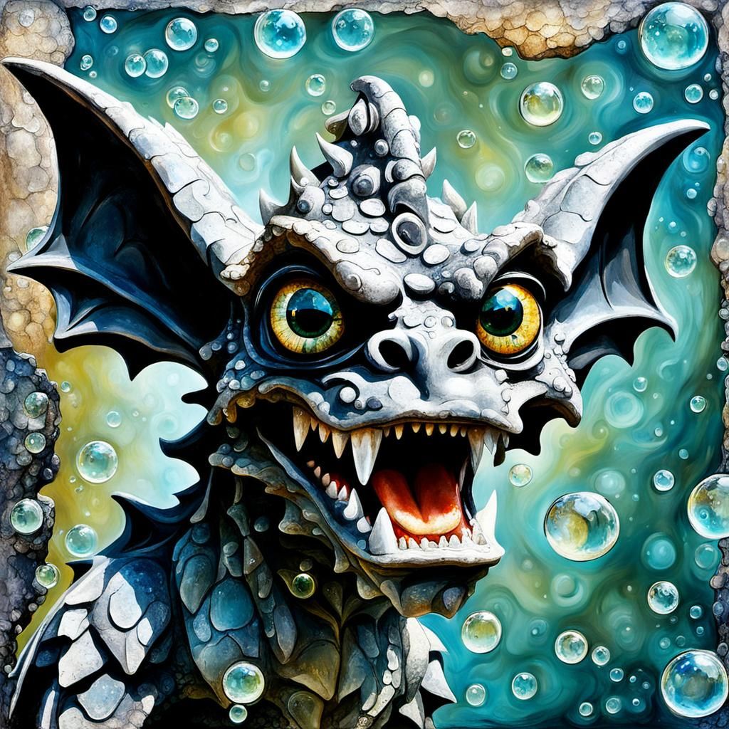 Friendly Gargoyle Bubbles in Mixed Media Fantasy