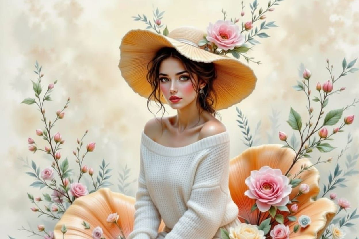 Ethereal Woman in Mushroom Dress, Color Pencil Sketch