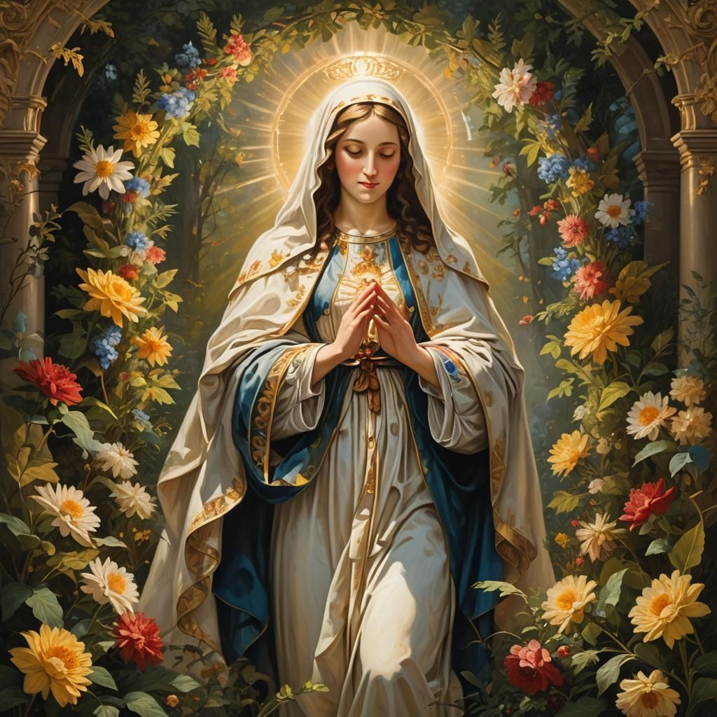 Baroque Virgin Mary in Mystical Forest