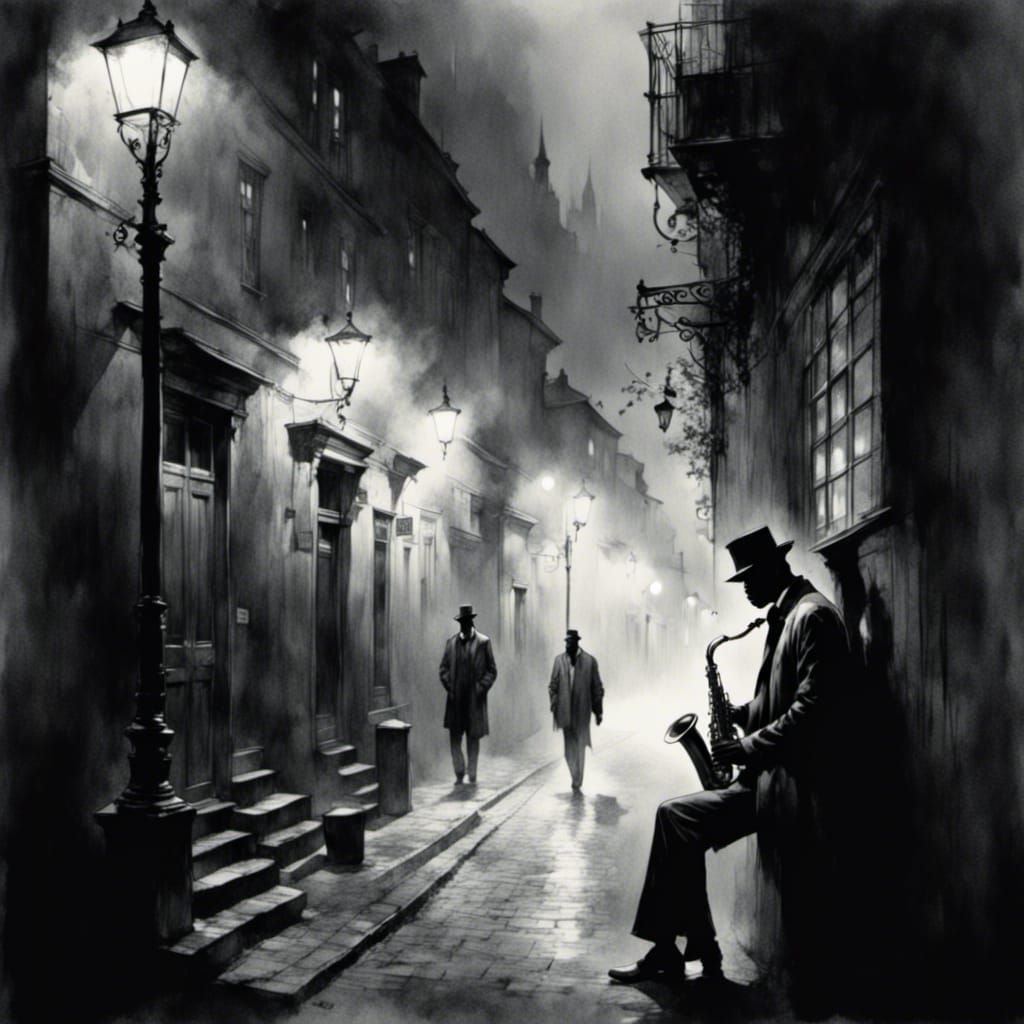 Noir Saxophonist in Foggy Alleyway