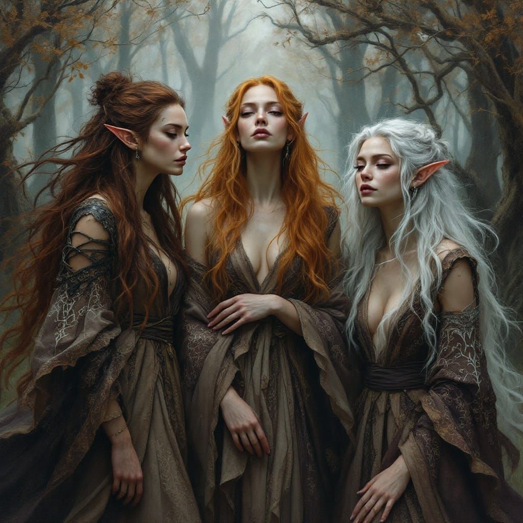 Mystical Elven Women in a Haunting Forest Landscape