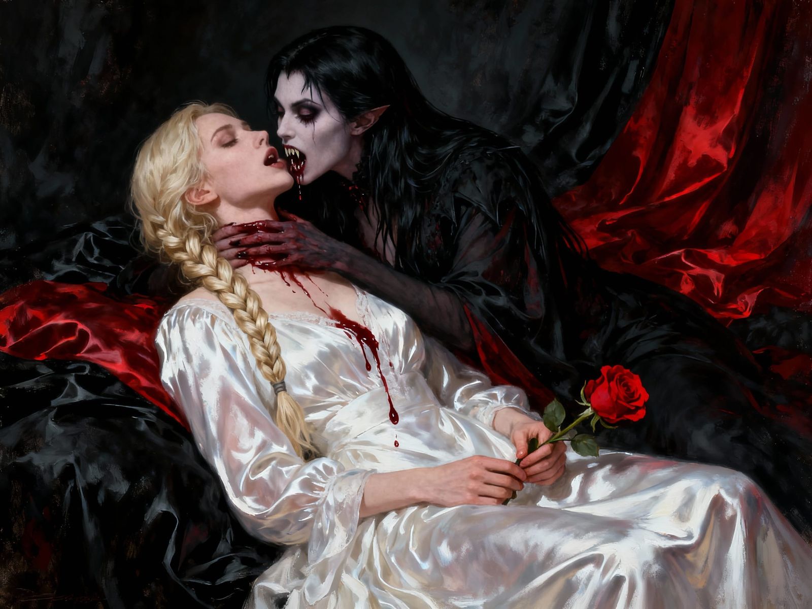 Dark Fantasy Oil Painting of Vampire Biting Woman
