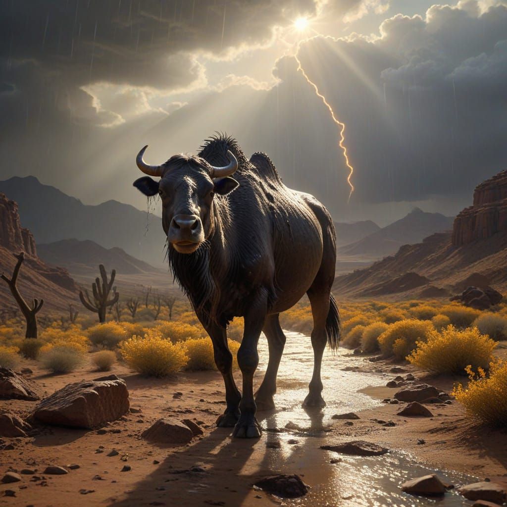 Epic Desert Storm Camel Collective Amidst a Divided Skies