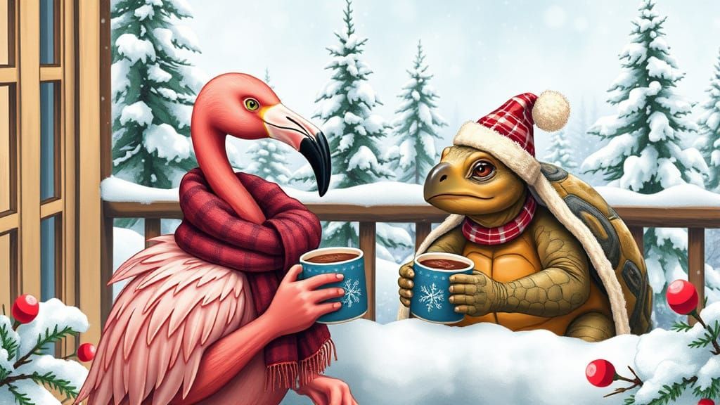 Flamingo & Tortoise Enjoy Cocoa on Snowy Balcony