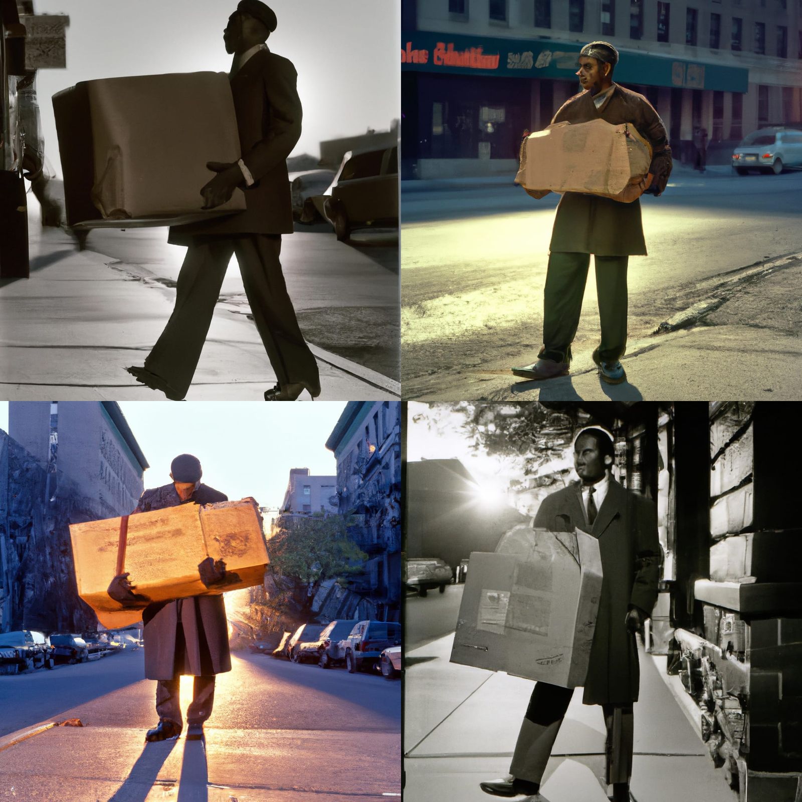A man wearing a workman's jacket holding a crumpled cardboard box