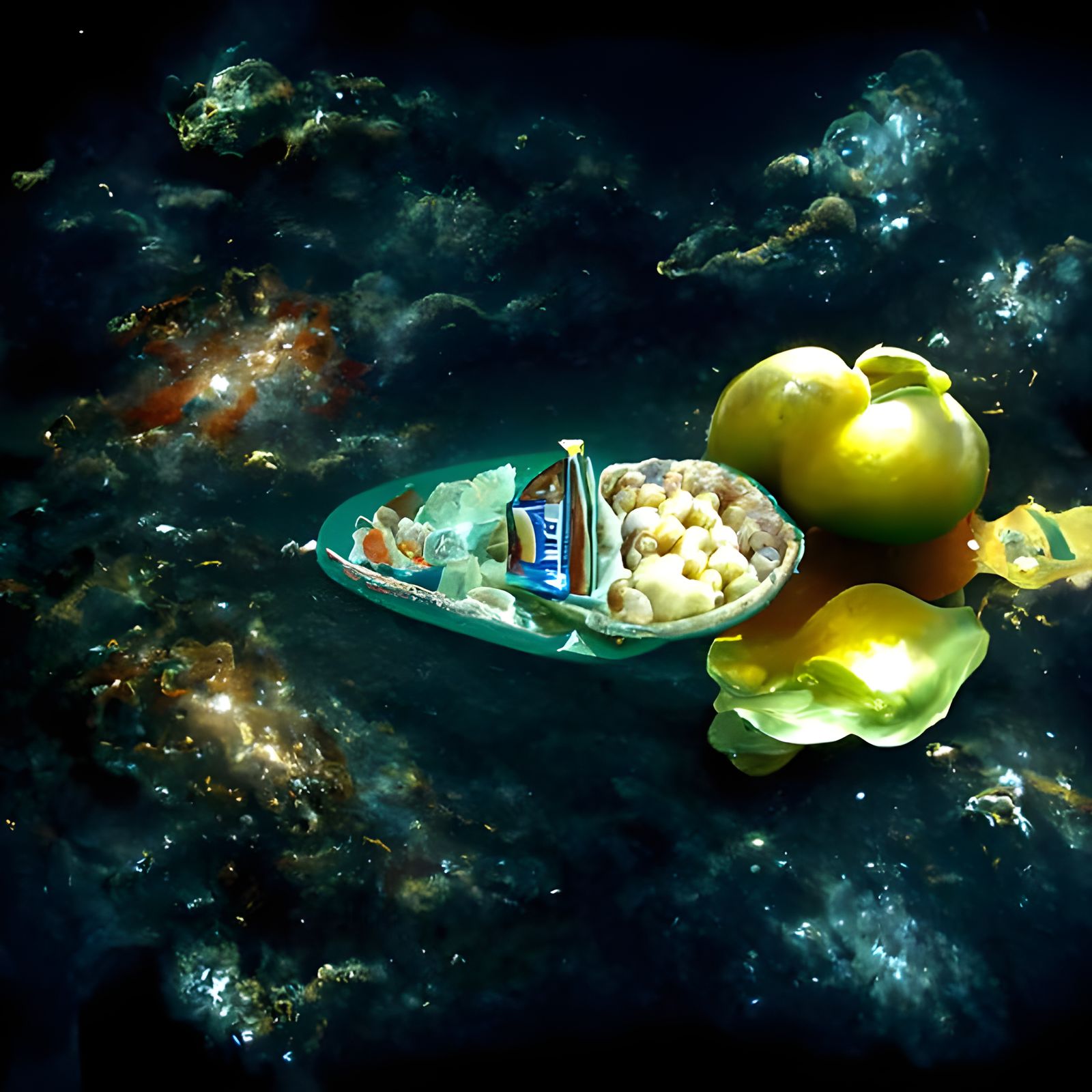 Still Life: Fruit and Cheese in Galactic Seascape