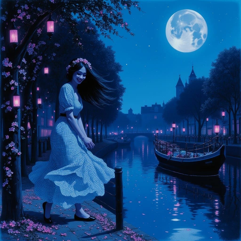 Romantic Canal Scene at Night in Vibrant Glitch Art Style