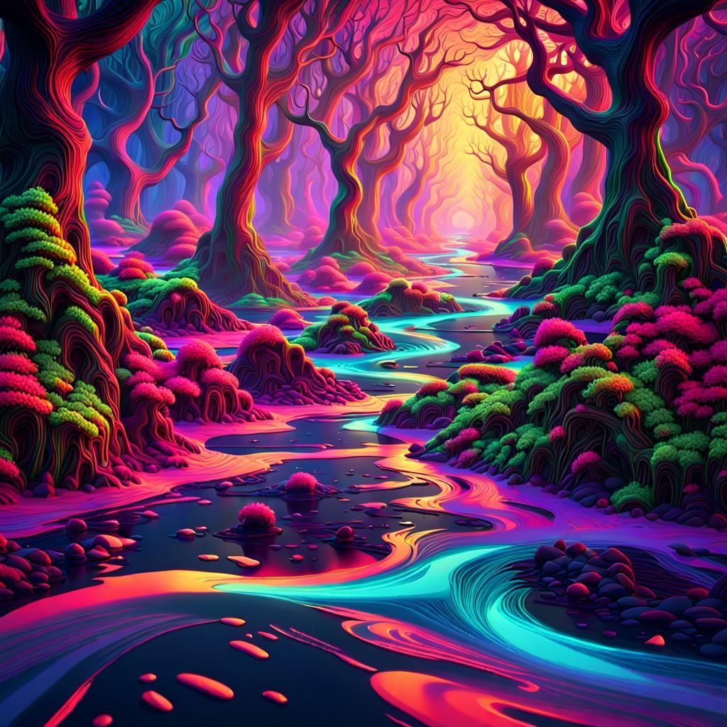 A river of fluorescent colours in a fluorescent forest