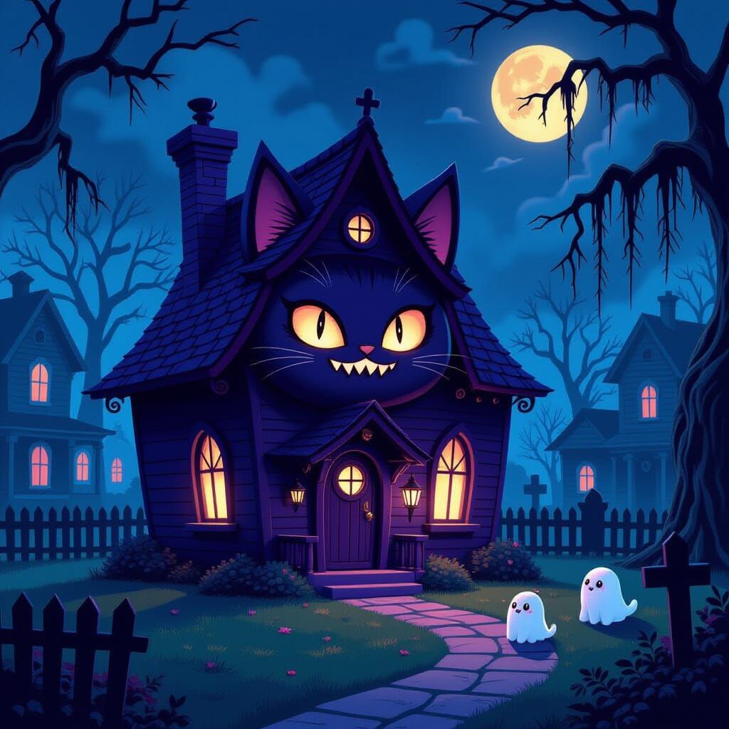 Spooky Grape Purple Cat House in Gothic Style