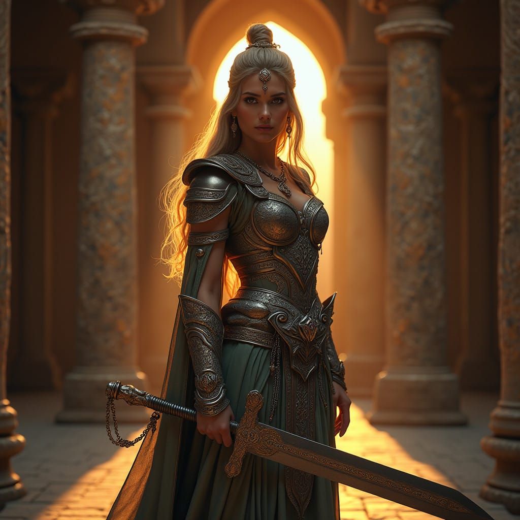Persian Female Warrior in Ancient Temple, Hyperrealistic Art