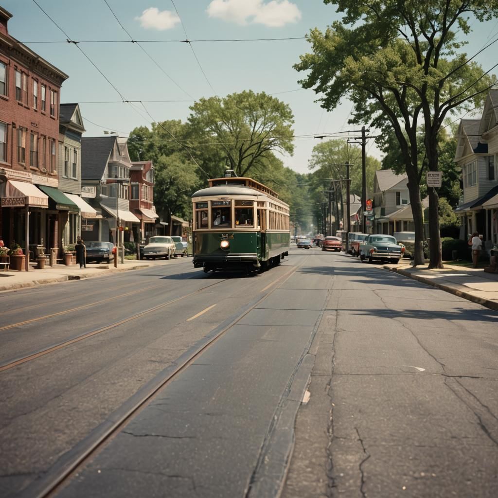 Vintage Trolley Car on Suburban Street, 1950s