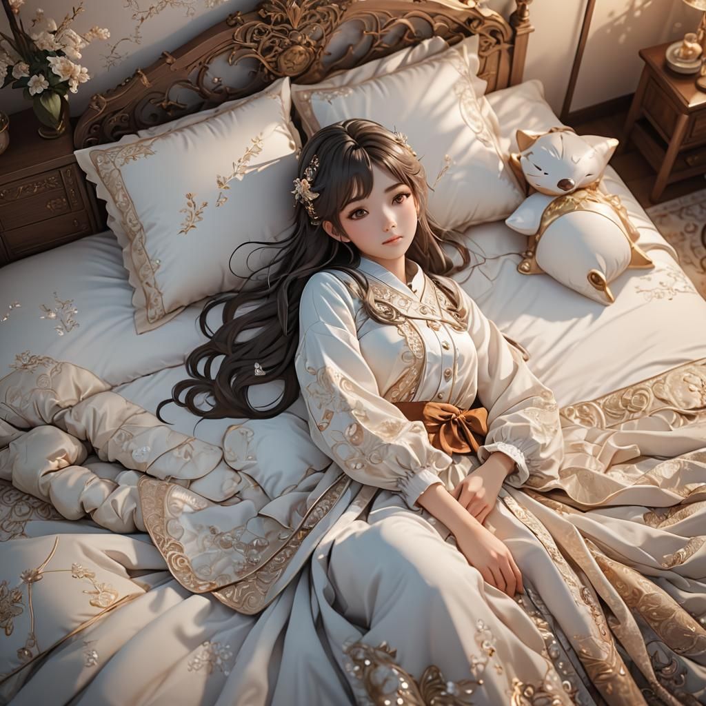 Anime Style 3D Art: Young Woman in Bed