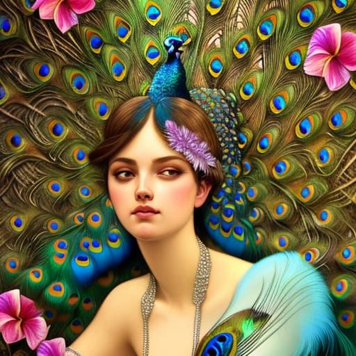 Exotic Peacock Portrait with Tropical Flowers