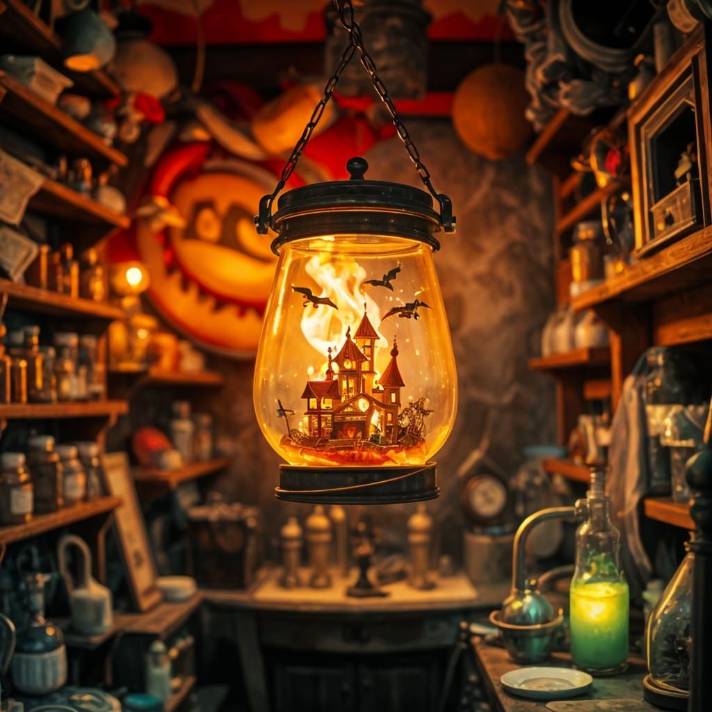 Miniature Burning Village Inside Devilish Lantern