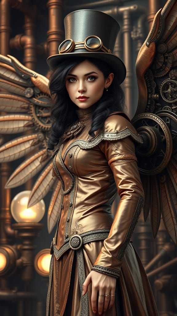 Steampunk Angel in Victorian Attire with Mechanical Wings