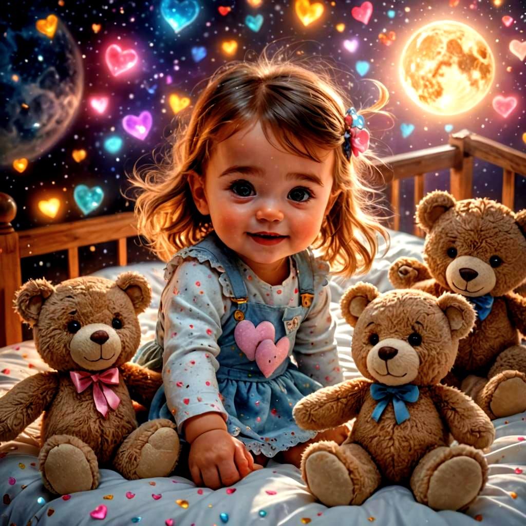 Baby Girl Playing with Teddy Bears in Candy Art Style