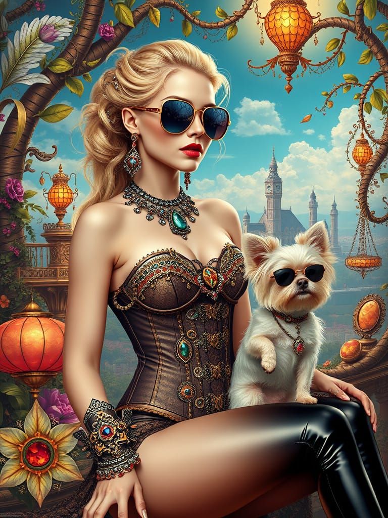 Elegant Woman in Regal Attire with Lap Dog