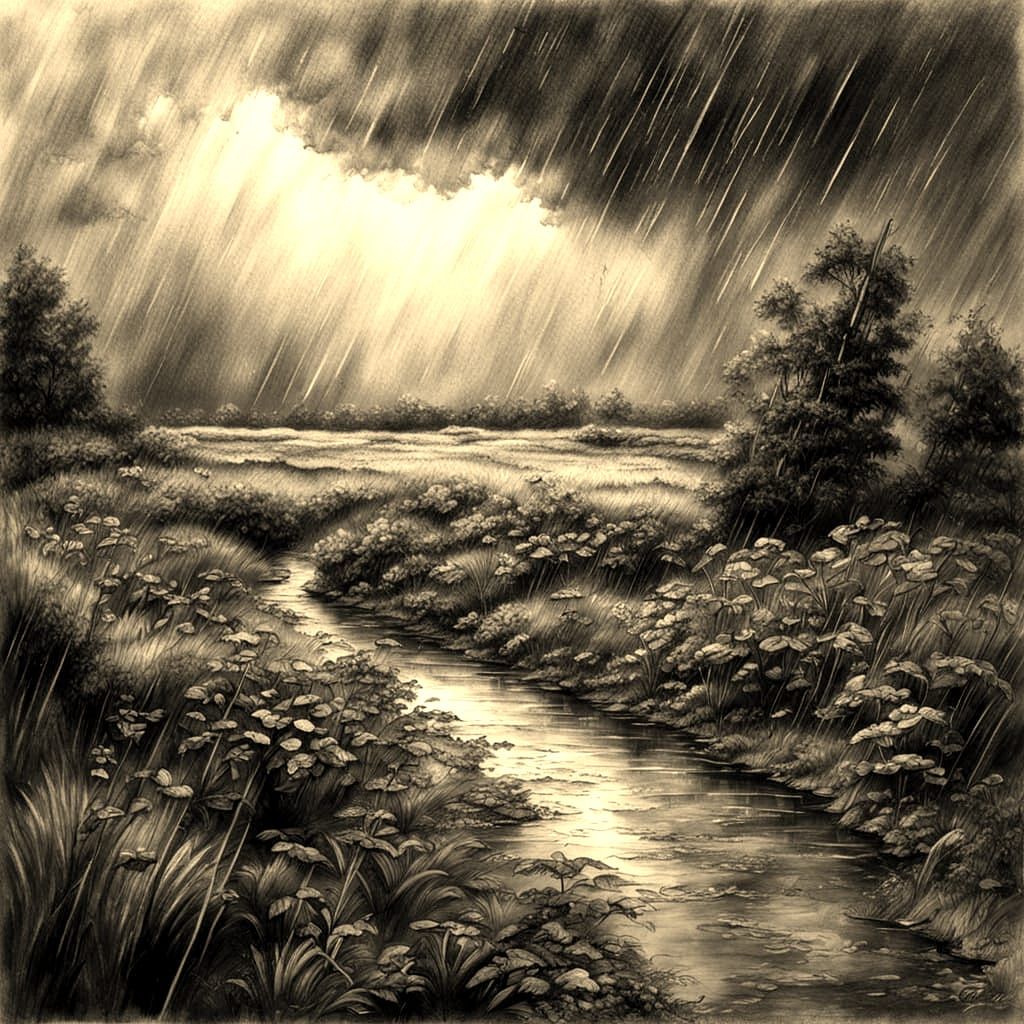 Hyperdetailed Charcoal Drawing of Summer Rain