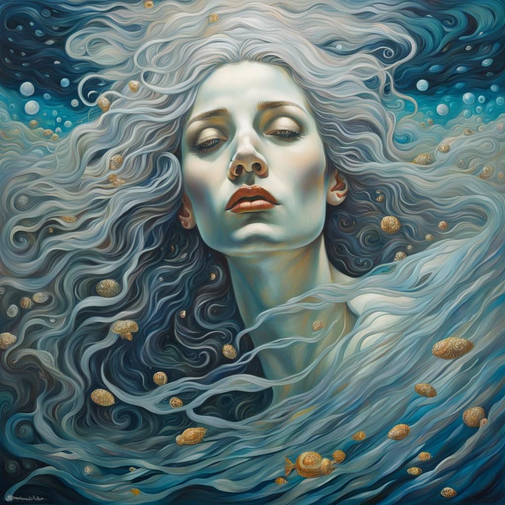 Silver Woman Underwater: A Klimt-Inspired Oil Painting