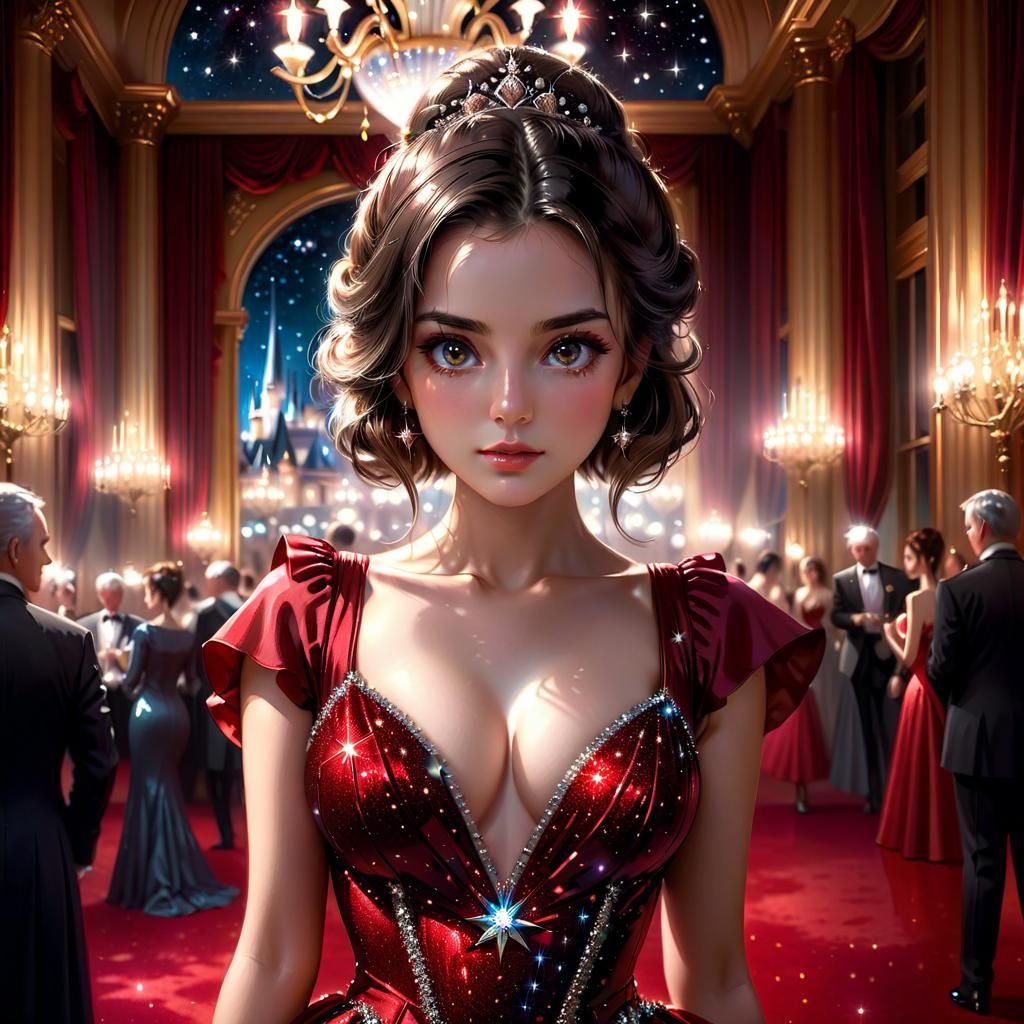 Anime Portrait: Woman in Red Dress under Stars