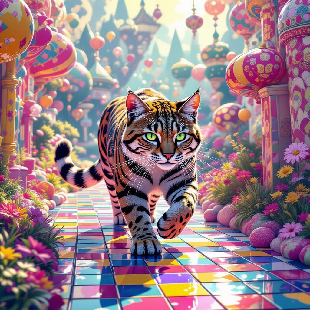 Saber-Toothed Cat Prowls Through Vibrant Candyland