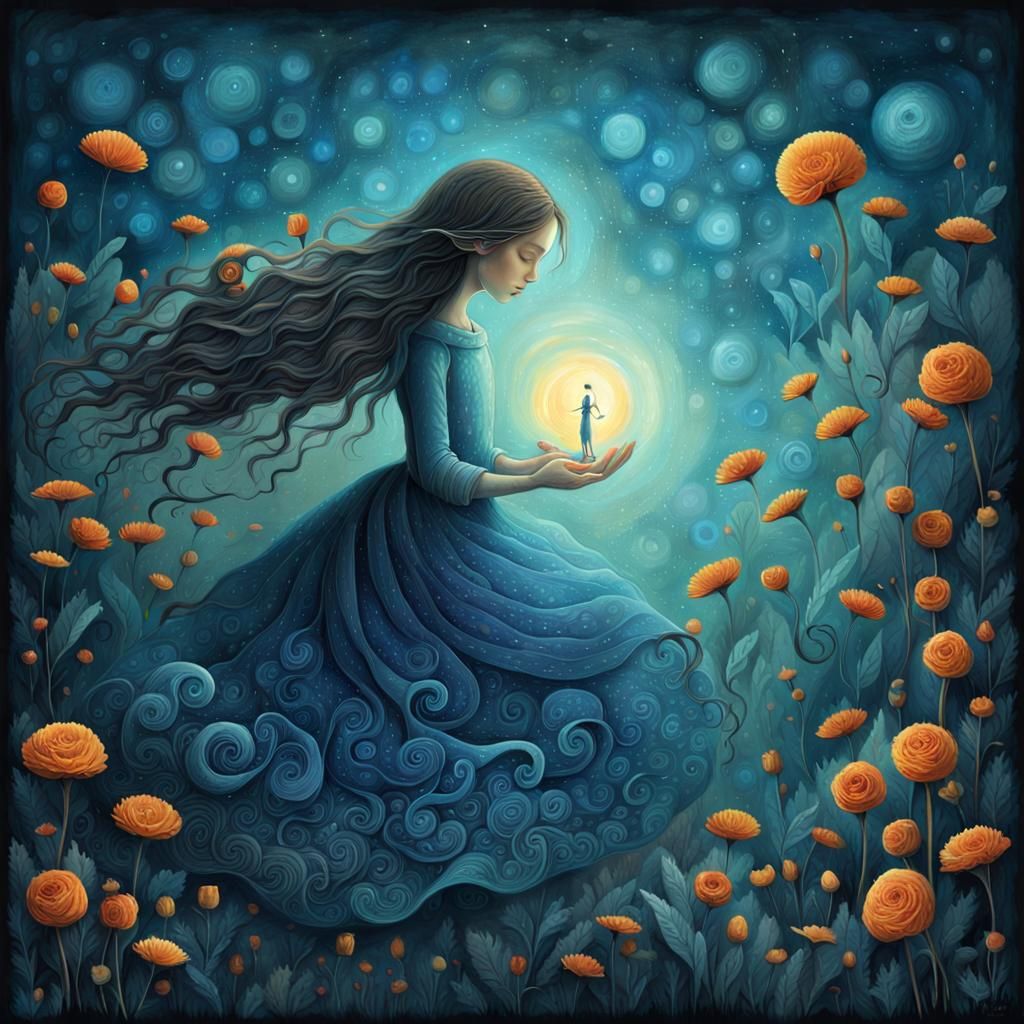 Mystical Woman Conjures Blue Light in Dreamscape