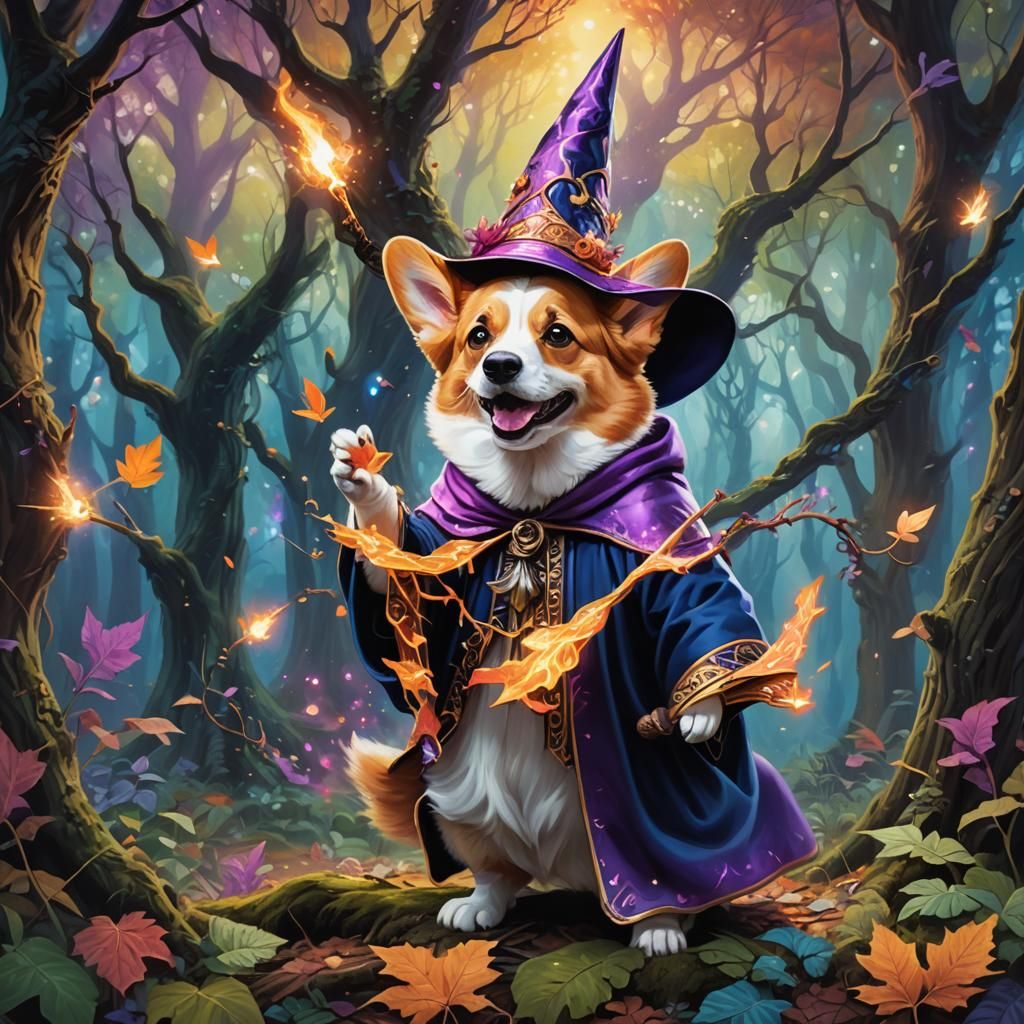 Corgi Wizard Casting a Spell in Mystical Forest