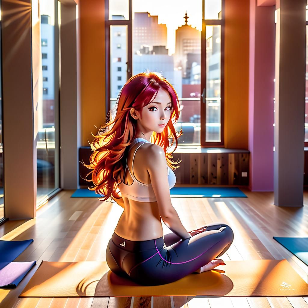 Anime Woman in Yoga Pose Overlooking Shibuya