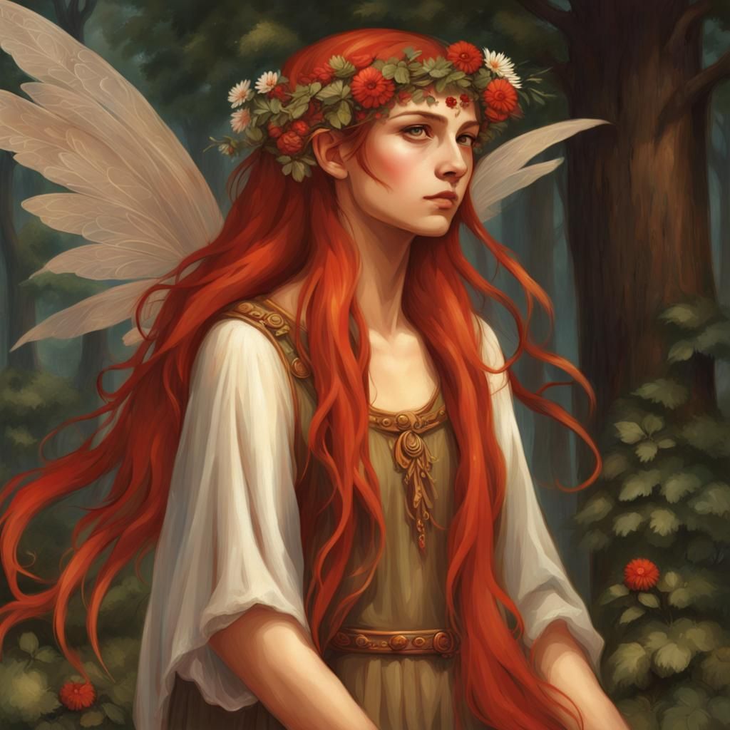 Fairy Ravijojla with Long Red Hair and Flower Wreath