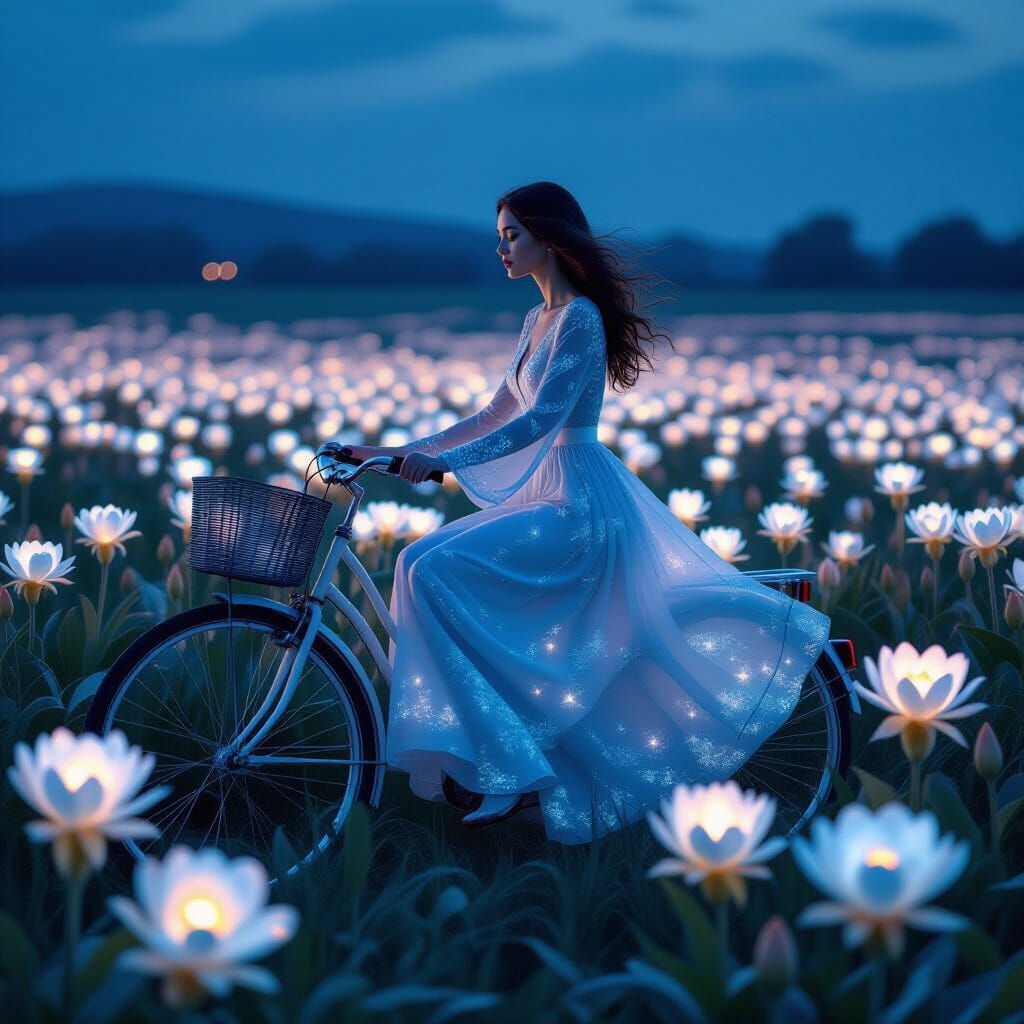 Woman on Bicycle in Bioluminescent Field: Ethereal Realism
