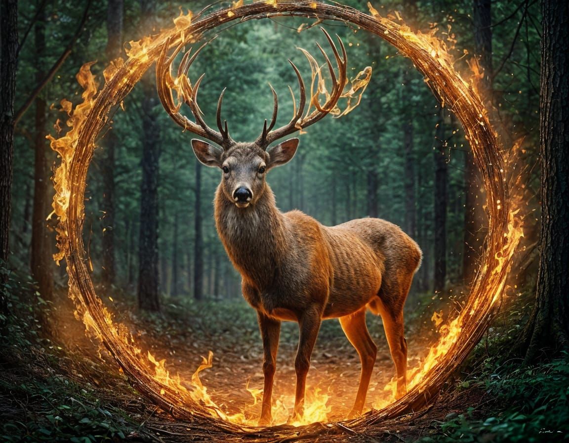 Deer with Flaming Antlers in Glass Circle