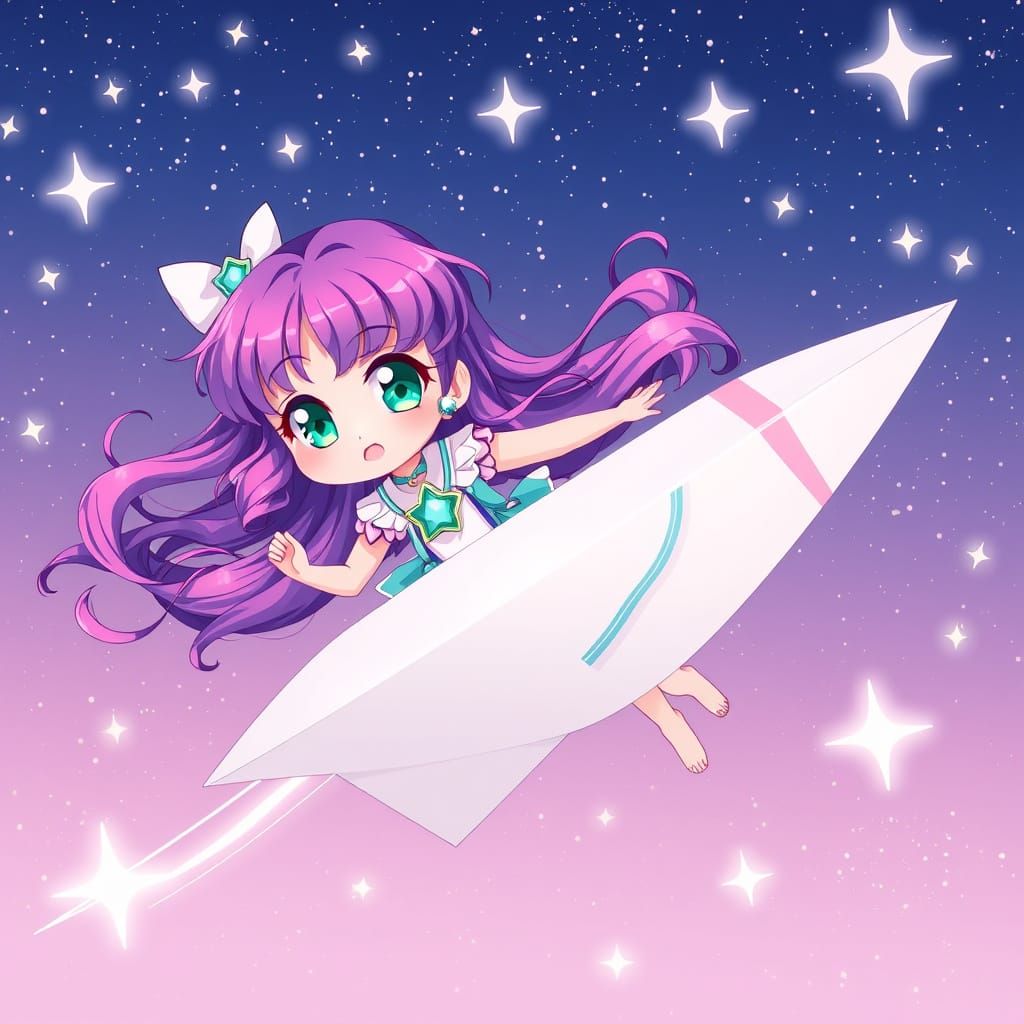 Magical Anime Girl Soaring Through Starry Sky
