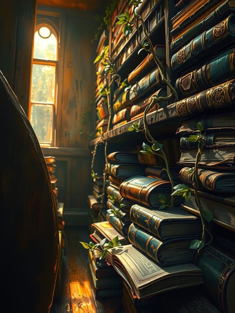 Worn Library Shelf with Vines and Weathered Books in Oil Pai...