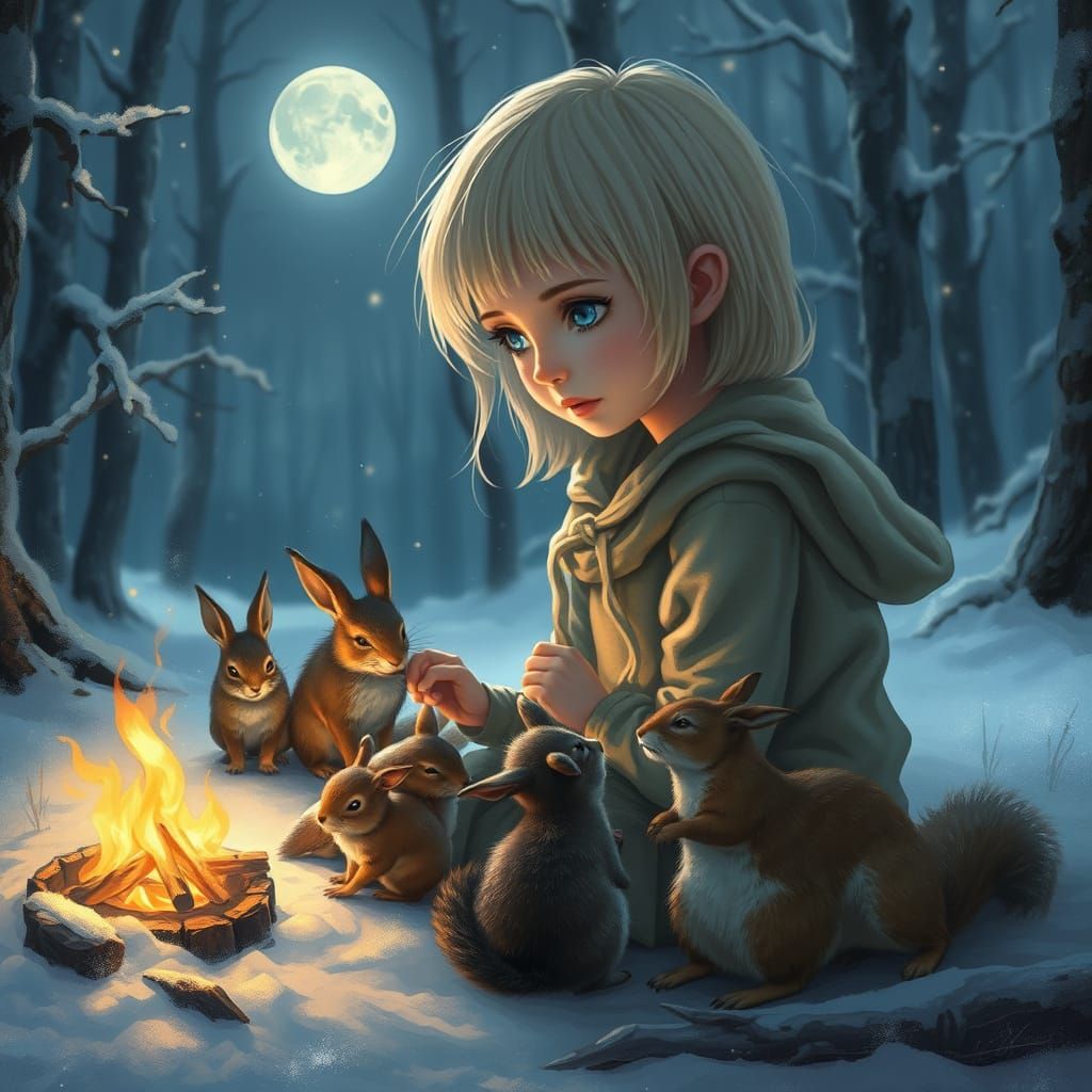 Ethereal Girl's Soul by Campfire in Snowy Forest