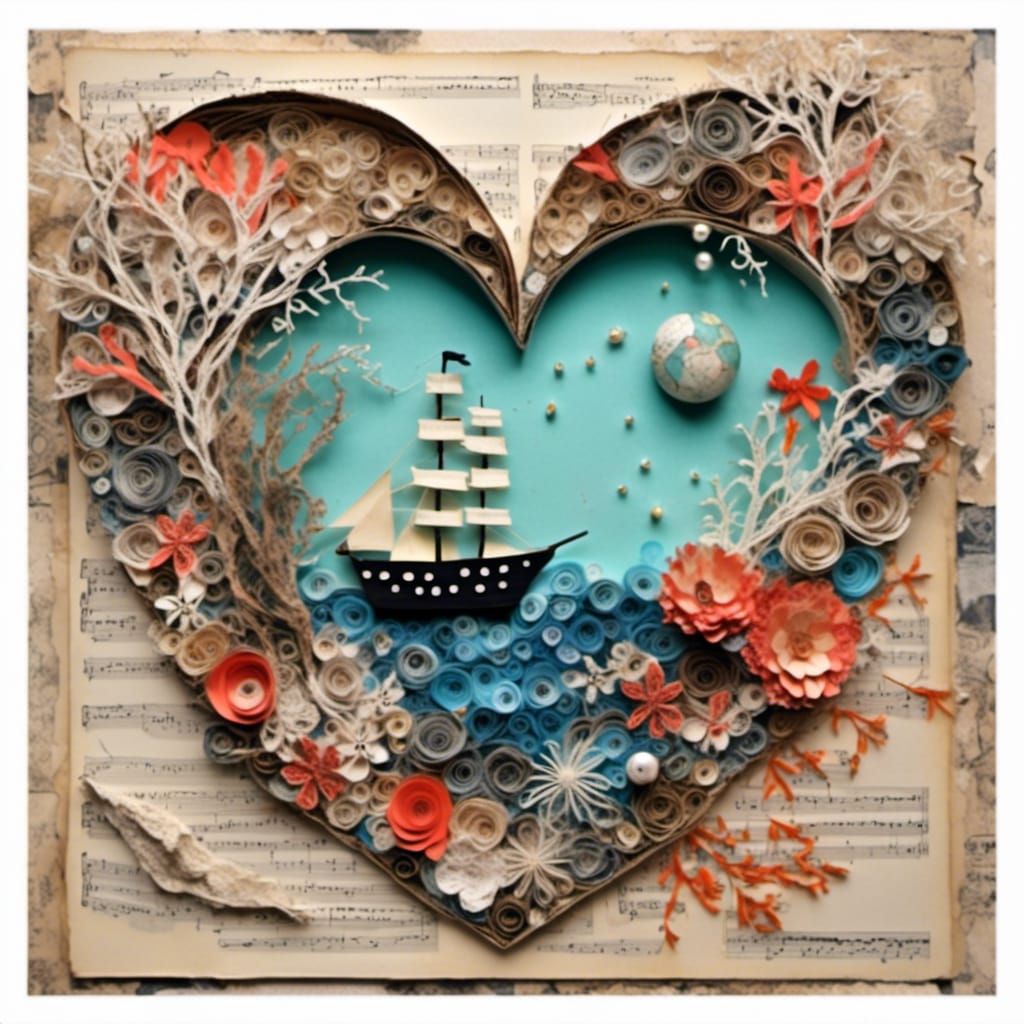 Flaming Heart Shipwreck: Mixed Media Collage