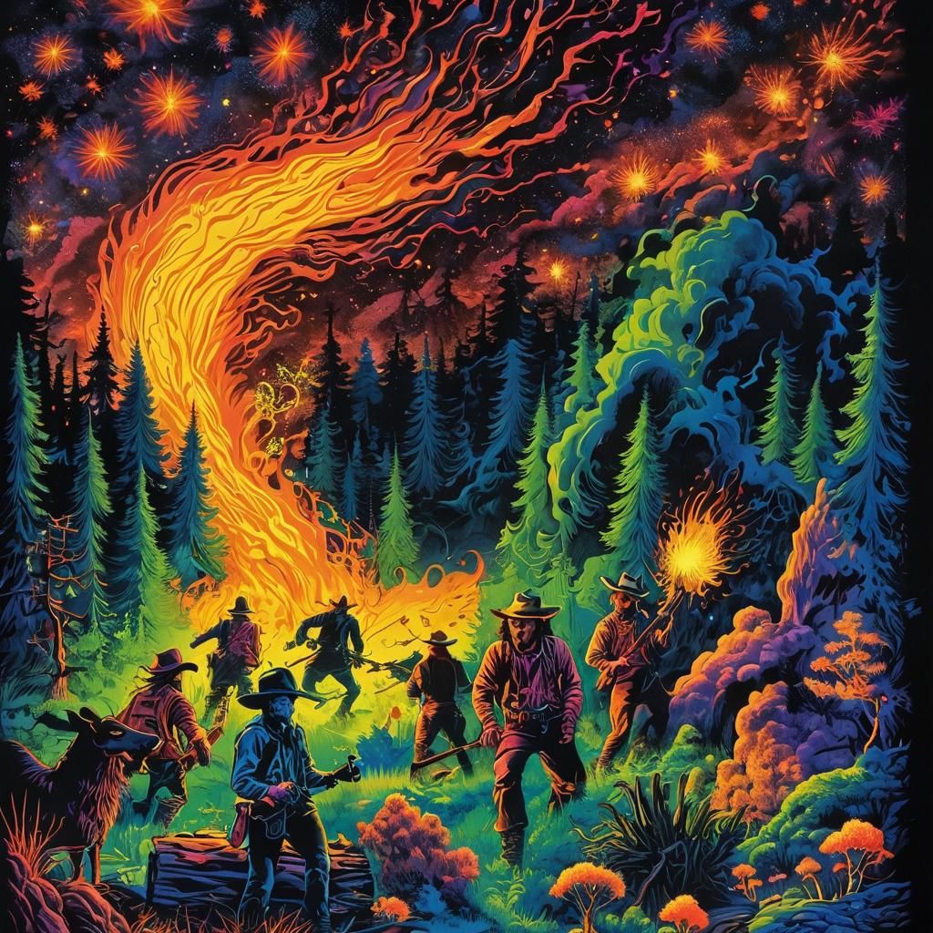Psychedelic Blacklight Poster Art of Fleeing Figures