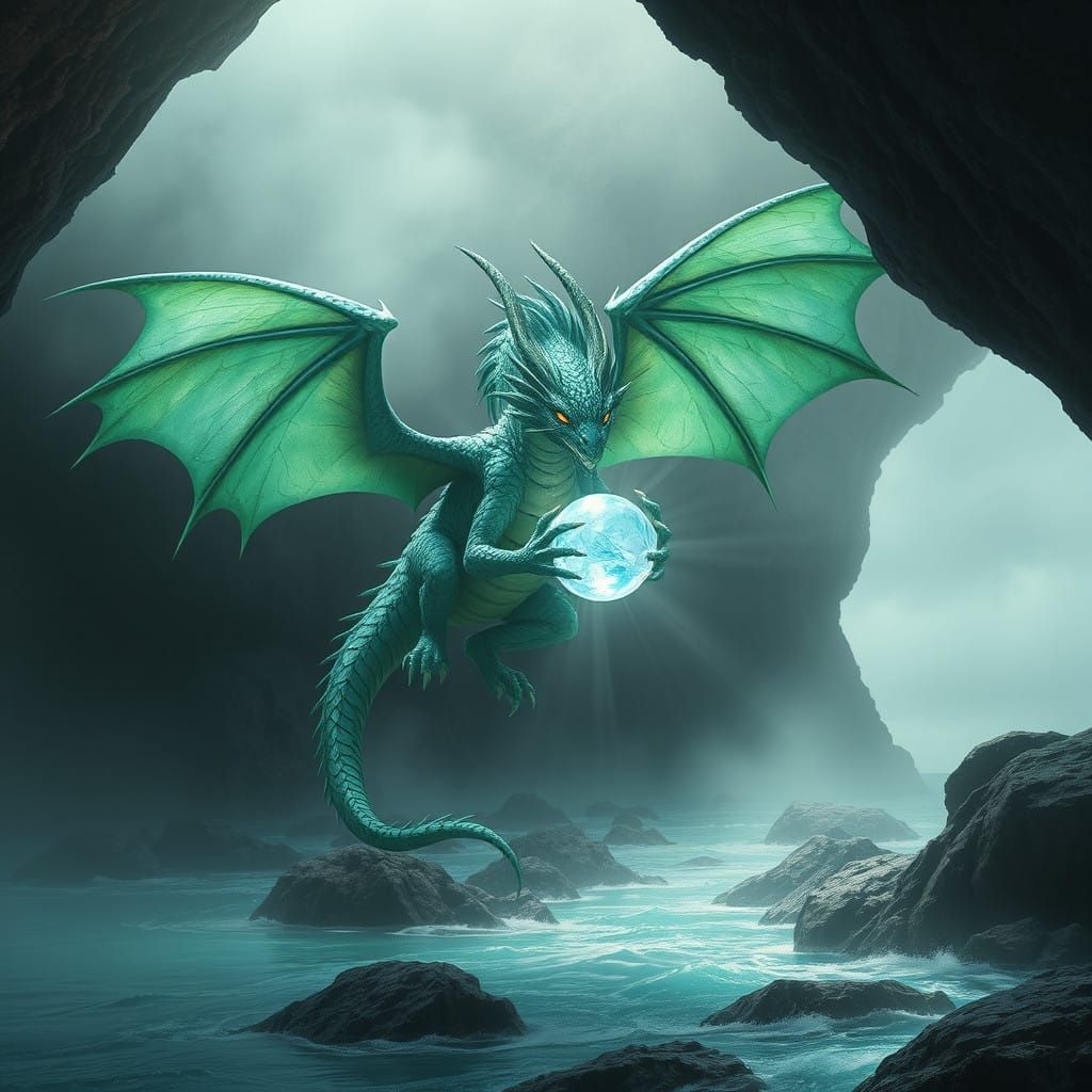 Mythical Green Dragon Grasping Radiant Orb in Seaside Cave