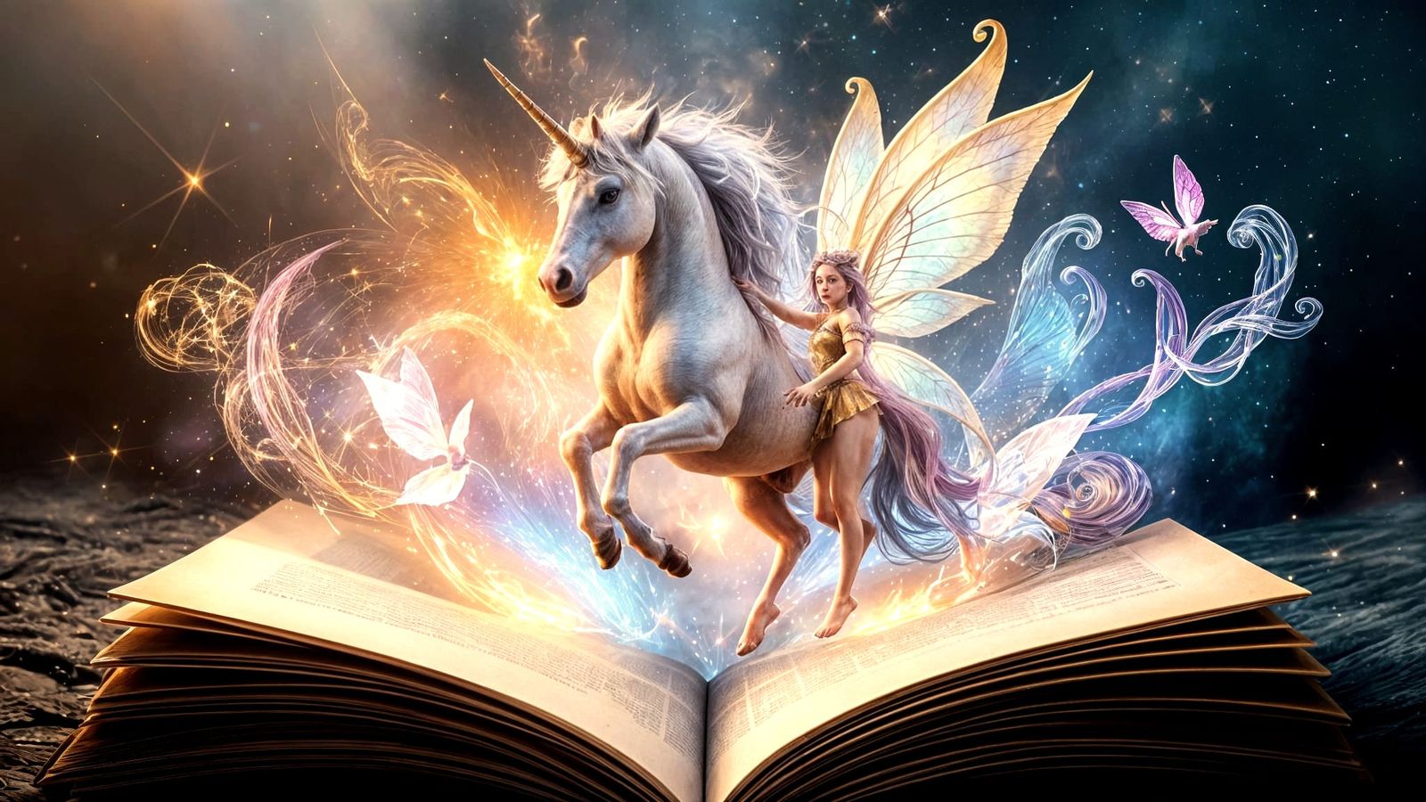 Fantasy Unicorn and Fairy Emerge from Book