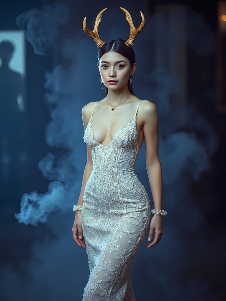 Girl with Antlers in Airbrushed Cyberpunk Style