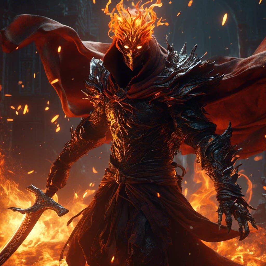 Towering Fire Being with Whip in Dark Fantasy