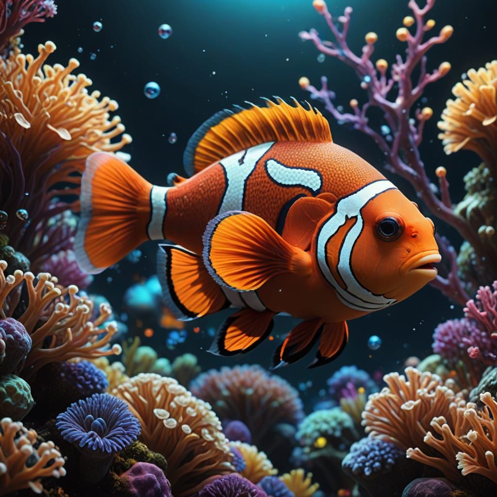 Vibrant Fractal Clown Fish in 3D Anime Style