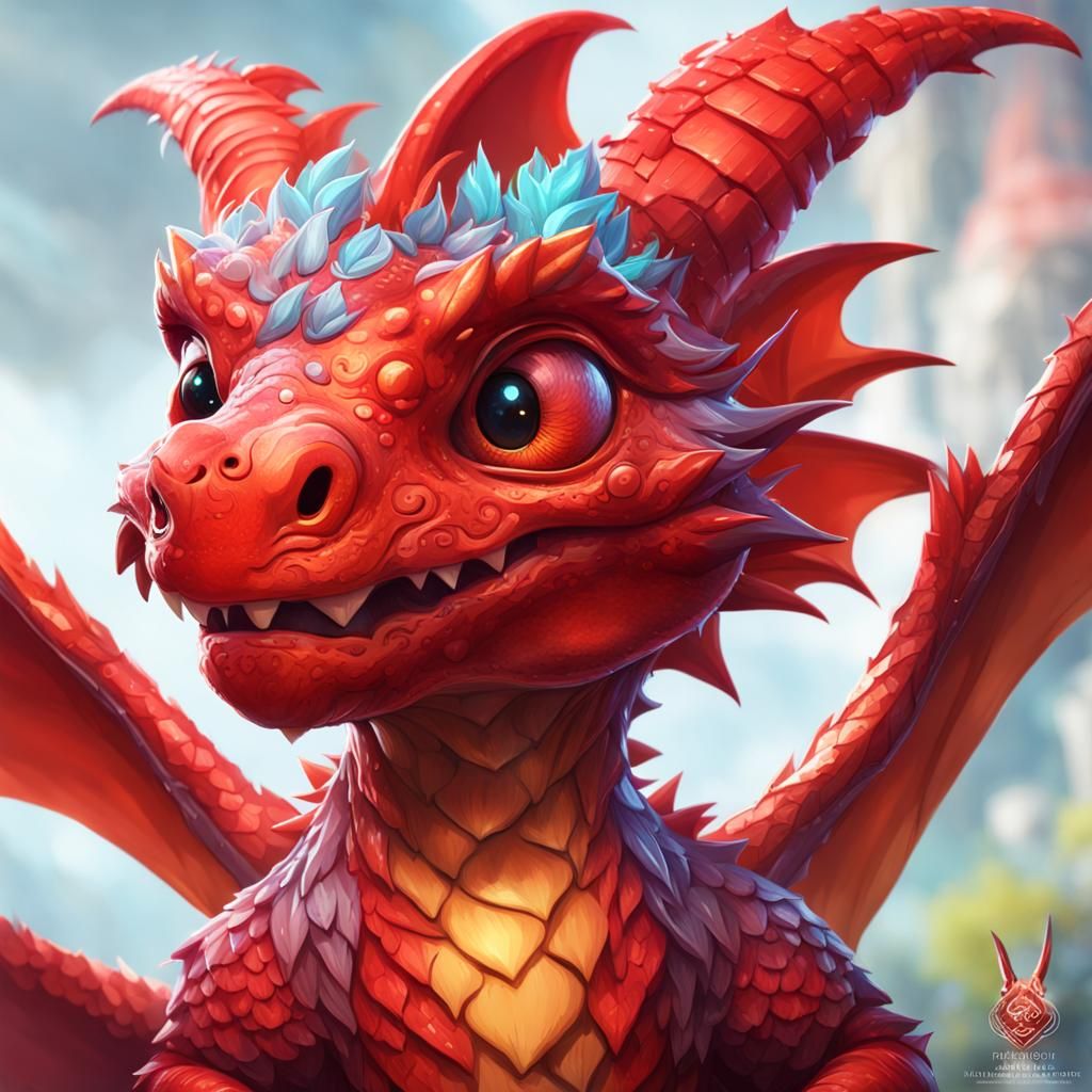 Red Easter Baby Dragon: Artgerm and Mucha Style