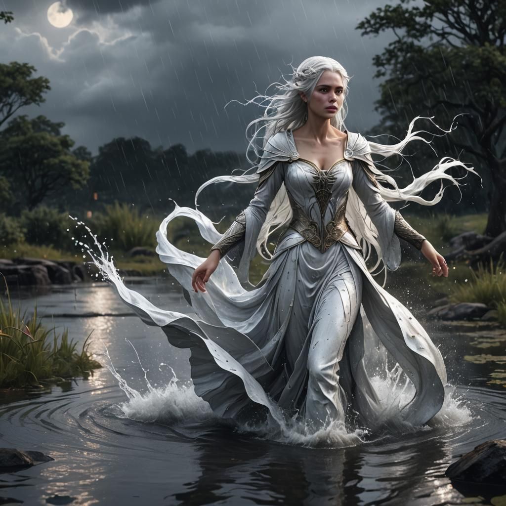 Ethereal Water Lady in Rainy Landscape: Digital Art